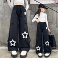 thumbnail image 1 of HAYIMI Kids Pants Girls Summer Pants Casual Loose Wide Leg Retro Star Patch Pocket Elastic Waist Comfortable Trouser For Daily Wear Fashionable Solid Color Slacks, 1 of 8