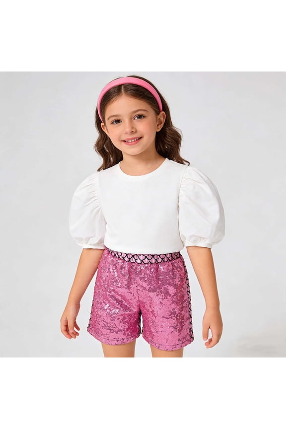Kids Sequin Hot Girls Glam Party Trouser Summer Scale Design Elastic Waist Playful Shorts Cute Solid Color Daily Casual Shorts