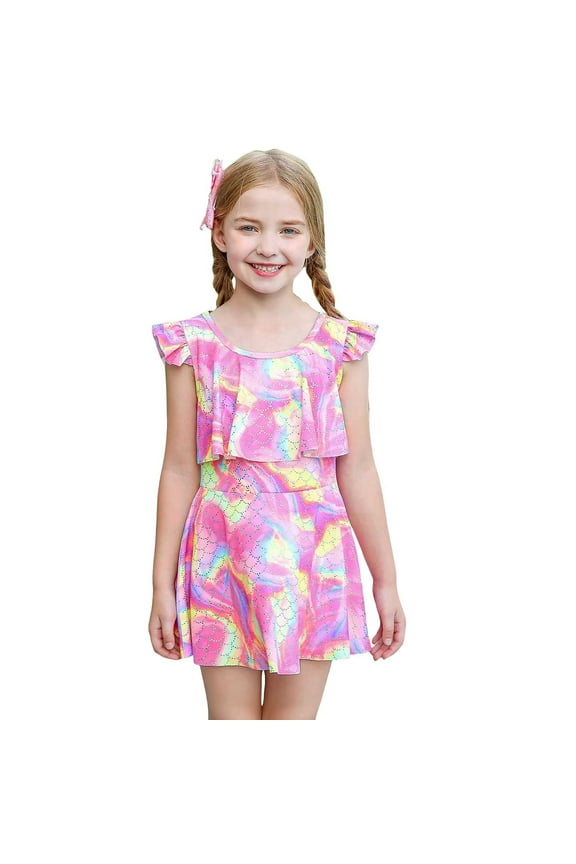 Kids Summer Child Girls Fly Sleeve Fish Scale Prints Swimwear Toddler Beach O-Neck Swimsuit Bikini Shorts Set Birthday Fashion Bathing Suit