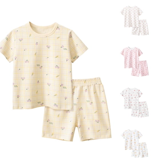 HAYIMI Kids Summer Children Girls' Home Wear With Cartoon Prints O-Neck Short Sleeved T Shirt Pajama Set With Shorts Homewear, 6-7 Years