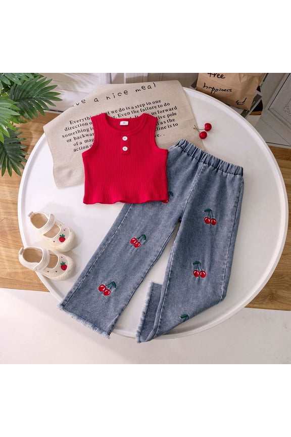 Kids Summer Toddler Girls Sleeveless Ribbed Vest O-Neck T Shirt Tops Denim Pants Outfits Boho Child Cartoon Clothes Sets