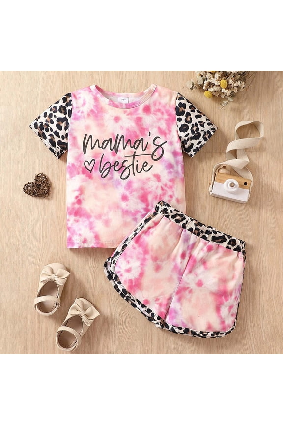 Kids Toddler With Little Girls Leopard Print With Tie Dye Two Piece Set Summer O-Neck Short Sleeve Outfit With Letter Details Leisure Child Clothes Sets
