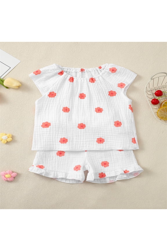 Kids Trendy Girls Outfits Set Casual Everyday Wear Spring Summer Floral Print Design Comfortable Stylish Soft Child O-Neck Clothes Sets