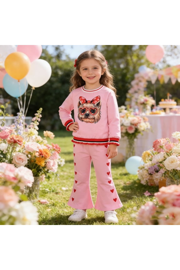 Kids Valentine's Day Girls Casual Outfit Sets Cute Cartoon Puppy Print Long Sleeve Hoodie With Side Heart Pattern Pants Trendy Child Clothes Sets