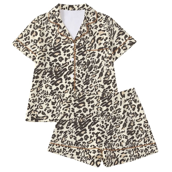 HAYIMI Leopard Printed Pajama Sets For Women 2 Piece, Lapel Collar Short Sleeve Button Shirt With Matching Shorts, Trim Detail Nightwear Loungewear