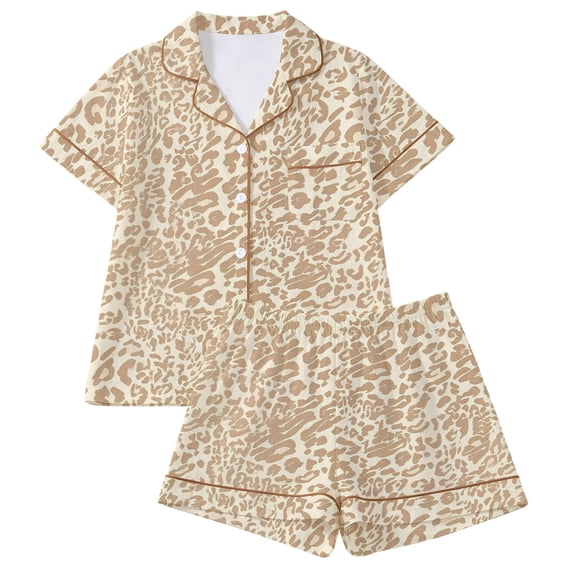 HAYIMI Leopard Printed Pajama Sets For Women 2 Piece, Lapel Collar Short Sleeve Button Shirt With Matching Shorts, Trim Detail Nightwear Loungewear