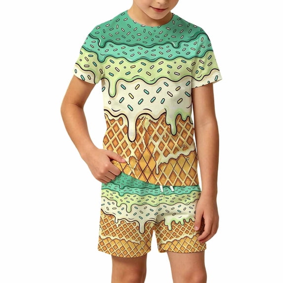 HAYIMI Little Boys Ice Cream Graphic Outfit Sets, O-Neck Short Sleeve Tee and Shorts, Summer Kids Clothing Versatile Clothes Sets