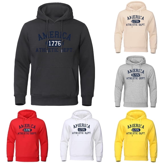 HAYIMI Men 1776 Letter Printed Hoodie With Pocket Sweatshirt Long Sleeve Oversized Simple Tops Streetwear