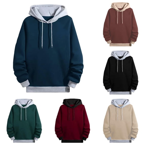 HAYIMI Men Autumn Winter Hooded Sweatshirt Long Sleeve Color Block Pocket Patchwork Tops Patchwork Oversized Vacation Streetwear