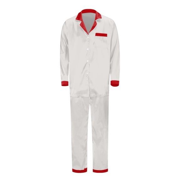 HAYIMI Men Dad 2 Piece Satin Pajama Set Long Sleeve Button Down Shirt and Pants with Red Contrast Collar & Chest Pocket Sleepwear Classic Nightwear