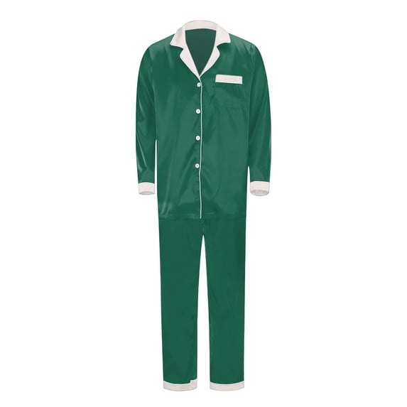 HAYIMI Men Dad 2 Piece Satin Pajama Set Long Sleeve Button Down Shirt and Pants with Red Contrast Collar & Chest Pocket Sleepwear Breathable Nightwear