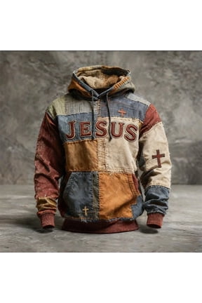 Men Jesus Graphic Hoodie Vintage Patchwork Color Block Pocket Long Sleeve Pullover Sweatshirt Vacation Tops