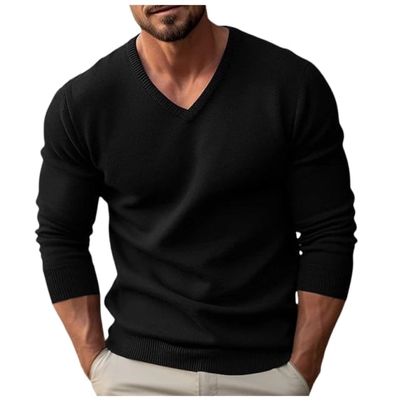 HAYIMI Men Solid Color V-Neck Knit Sweater Long Sleeve Ribbed Slim Fit Pullover Casual Fall Winter Tops Dailywear