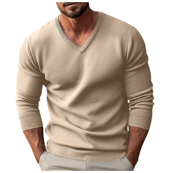 HAYIMI Men Solid Color V-Neck Knit Sweater Long Sleeve Ribbed Slim Fit Pullover Casual Fall Winter Tops Dailywear