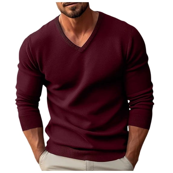 HAYIMI Men Solid Color V-Neck Knit Sweater Long Sleeve Ribbed Slim Fit Pullover Casual Fall Winter Tops Dailywear
