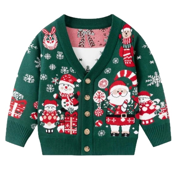 HAYIMI Santa Knit Cardigan Christmas Sweater Coat For Boys Girls Kids Cozy Soft Warm Holiday Party Long Sleeve V-Neck Tops