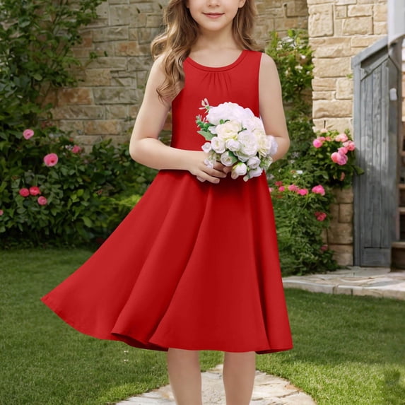 HAYIMI Summer Girls Sleeveless Solid Color Dress Party Gown Wedding Casual Play Dresses Toddler Kids Children O-Neck Boho Sundress