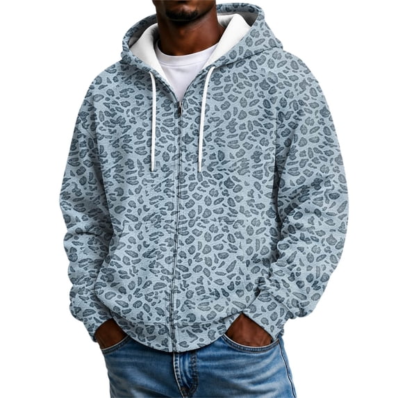 HAYIMI Sweatshirts Men Casual Leopard Pattern Zip Front Hoodie Drawstring Hood Pocket Long Sleeve Relaxed Streetwear Jacket Cozy Tops