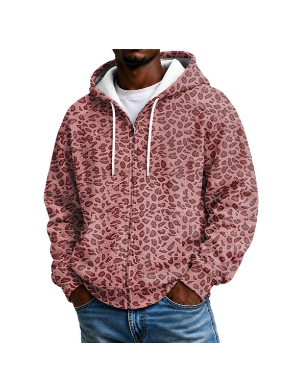 Sweatshirts Men Casual Leopard Pattern Zip Front Hoodie Drawstring Hood Pocket Long Sleeve Relaxed Streetwear Jacket Trendy Tops