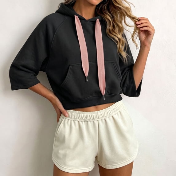 HAYIMI Sweatshirts Women 3/4 Sleeve Hoodie Comfortable Everyday Wear With Relaxed Fit And Cozy Front Pocket Solid Color Breathable Tops