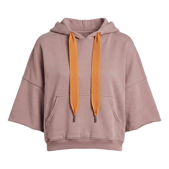 HAYIMI Sweatshirts Women Cropped 3/4 Sleeve Hoodie Contrast Drawcord Solid Color Breathable Tops