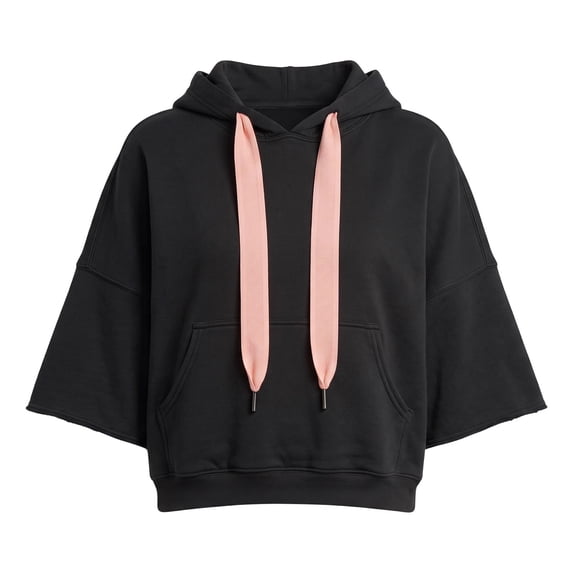 HAYIMI Sweatshirts Women Cropped 3/4 Sleeve Hoodie Contrast Drawcord Solid Color Holiday Tops