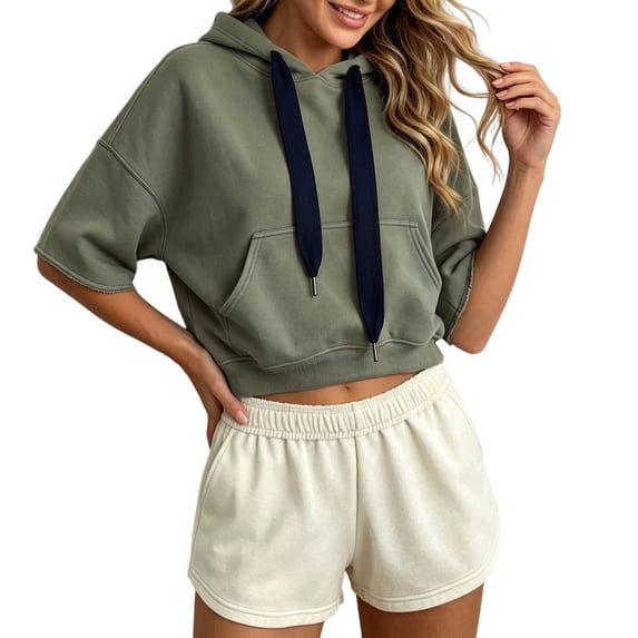 HAYIMI Sweatshirts Women Cropped 3/4 Sleeve Hoodie Contrast Drawcord Solid Color Leisure Tops
