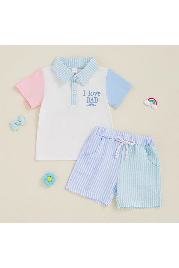 Toddler Boys Summer Outfit Sets Block O-Neck Short Sleeve Shirts Tops With Shorts With "I MOM/DAD" Print Breathable 2 Piece Casual Set Kids Trendy Child Clothes Sets