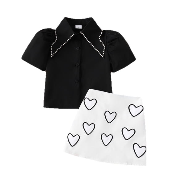 HAYIMI Toddler Girl Pearl Collar Heart Embroidery Skirt Outfit Sets For Kids Cozy Clothes Sets