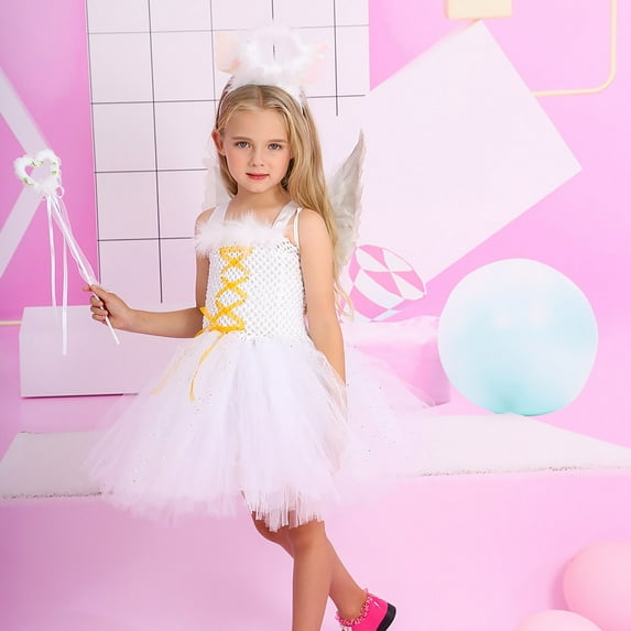 HAYIMI Toddler Girls Angel Dress For Dance Performances Elegant White Party Gown With Delicate Design For Childrens Festive Events And Stage Shows Adorable Back To School Swing Flowy Kids Sundress