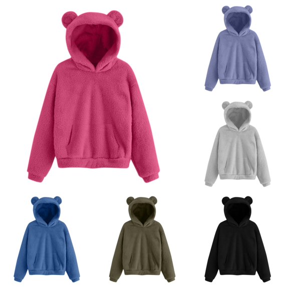 HAYIMI Women Bear Ears Hooded Sweatshirt Warm Pullover With Cozy Hood For Adults Solid Color Long Sleeve Oversized Classic Tops Daily Wear