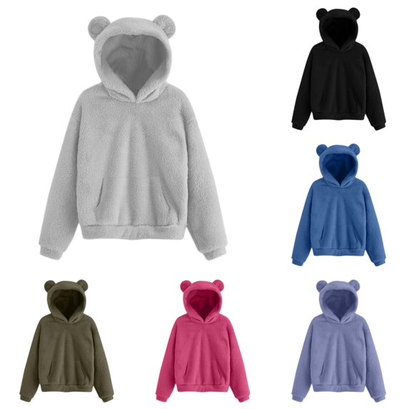 HAYIMI Women Bear Ears Hooded Sweatshirt Warm Pullover With Cozy Hood For Adults Solid Color Long Sleeve Oversized Simple Tops Streetwear