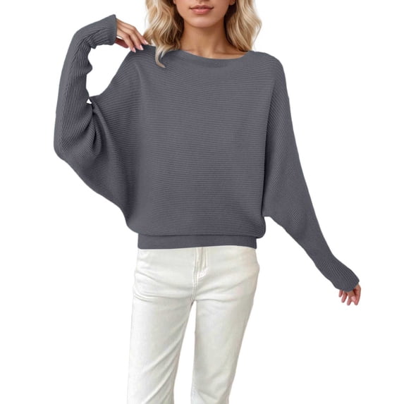 HAYIMI Women Boat Neck Batwing Long Sleeve Knit Sweater Ribbed Texture Cropped Loose Fit Casual Fall Pullover Tops