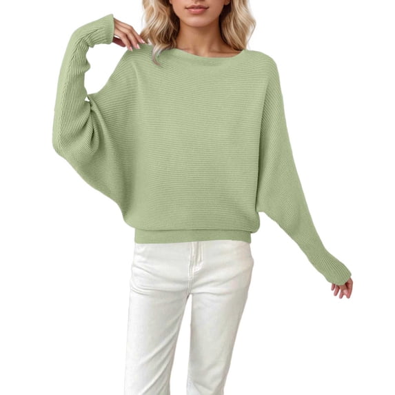 HAYIMI Women Boat Neck Batwing Long Sleeve Knit Sweater Ribbed Texture Cropped Loose Fit Casual Fall Pullover Tops