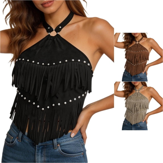 HAYIMI Women Bohemian Tank Tops With Studded Embellishments For Lightweight Relaxed Fit Camisole Halter Neck Summer Solid Color Sleeveless Cozy Vests
