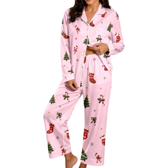 HAYIMI Women Christmas 2 Piece Pajama Set, Long Sleeve Lapel Button-Down Tops And Pants Set, Xmas Print Loungewear Sleepwear