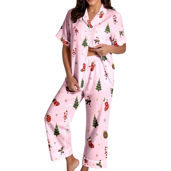 HAYIMI Women Christmas 2 Piece Pajama Set, Short Sleeve Lapel Button-Down Tops And Pants Set, Xmas Print Loungewear Sleepwear For Relaxed Evenings