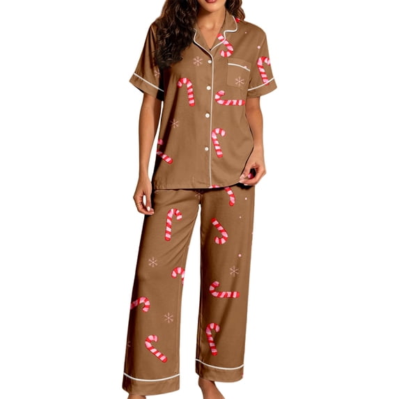 HAYIMI Women Christmas 2 Piece Pajama Set, Short Sleeve Lapel Button-Down Tops And Pants Set, Xmas Print Loungewear Sleepwear For Relaxed Evenings