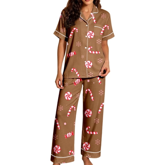 HAYIMI Women Christmas 2 Piece Pajama Set, Short Sleeve Lapel Button-Down Tops And Pants Set, Xmas Print Loungewear Sleepwear For Relaxed Evenings