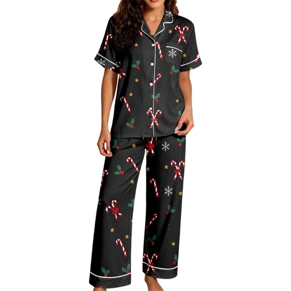 HAYIMI Women Christmas 2 Piece Pajama Set, Short Sleeve Lapel Button-Down Tops And Pants Set, Xmas Print Loungewear Sleepwear For Relaxed Evenings
