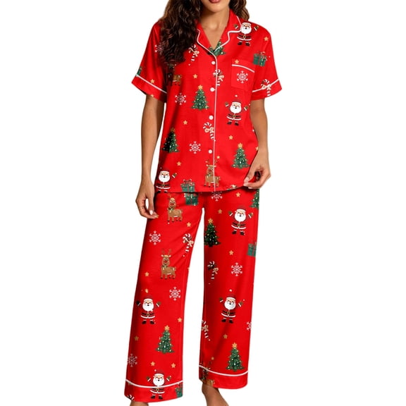 HAYIMI Women Christmas 2 Piece Pajama Set, Short Sleeve Lapel Button-Down Tops And Pants Set, Xmas Print Loungewear Sleepwear For Relaxed Evenings