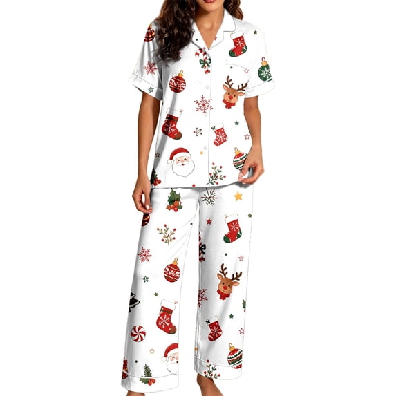 HAYIMI Women Christmas 2 Piece Pajama Set, Short Sleeve Lapel Button-Down Tops And Pants Set, Xmas Print Loungewear Sleepwear For Relaxed Evenings