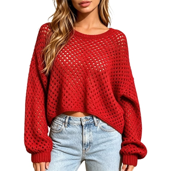 HAYIMI Women Crew Neck Cropped Knit Sweater, Long Sleeve Hollow Out Mesh Drop Shoulder Loose Fit Casual Pullover Tops Dailywear