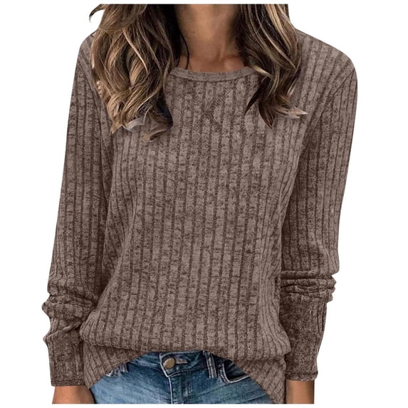 HAYIMI Women Crew Neck Ribbed Knit Tops Long Sleeve Slim Fit Soft Stretchy Casual Fall Winter Pullover Shirt Dailywear