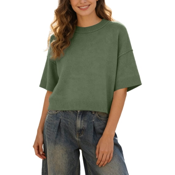 HAYIMI Women Crew Neck Short Sleeve Cropped Knit Sweater Loose Fit Casual Pullover Tops Dailywear