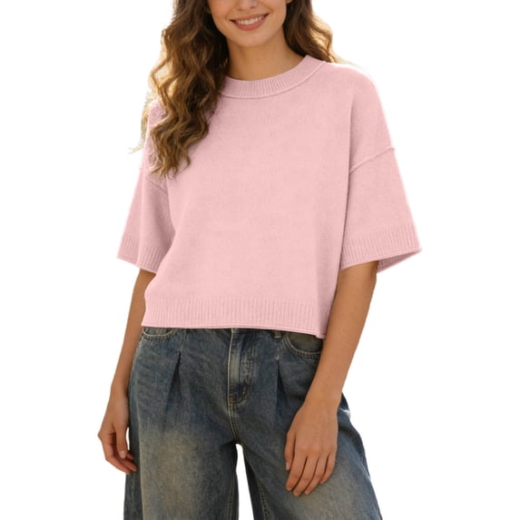 HAYIMI Women Crew Neck Short Sleeve Cropped Knit Sweater Loose Fit Casual Pullover Tops Dailywear