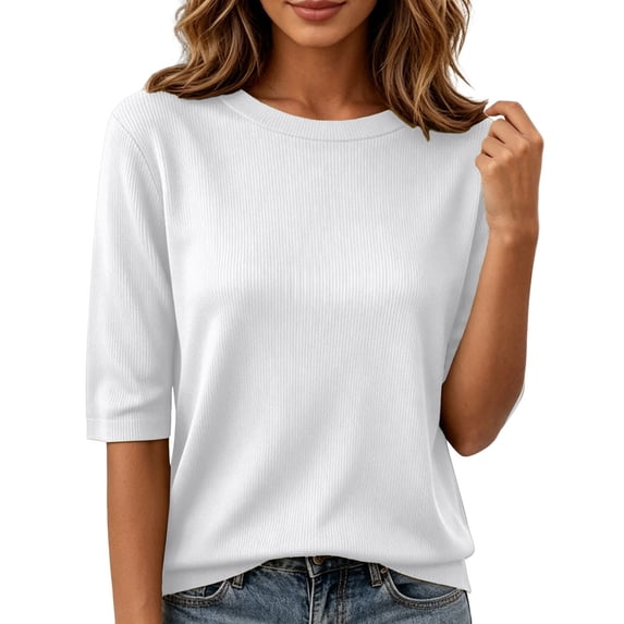 HAYIMI Women Crew Neck Short Sleeve Knit Tops Hollow Texture Ribbed Casual Spring Summer Pullover Sweater Dailywear