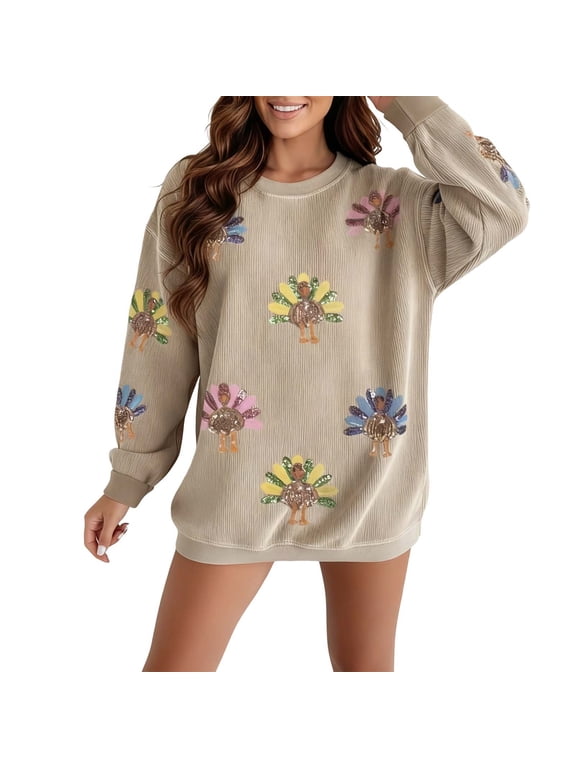 Women Crewneck Sweatshirt Sequin Turkey Print Long Sleeve Loose Fit Thanksgiving Festival Casual Pullover Tops Soft Dailywear