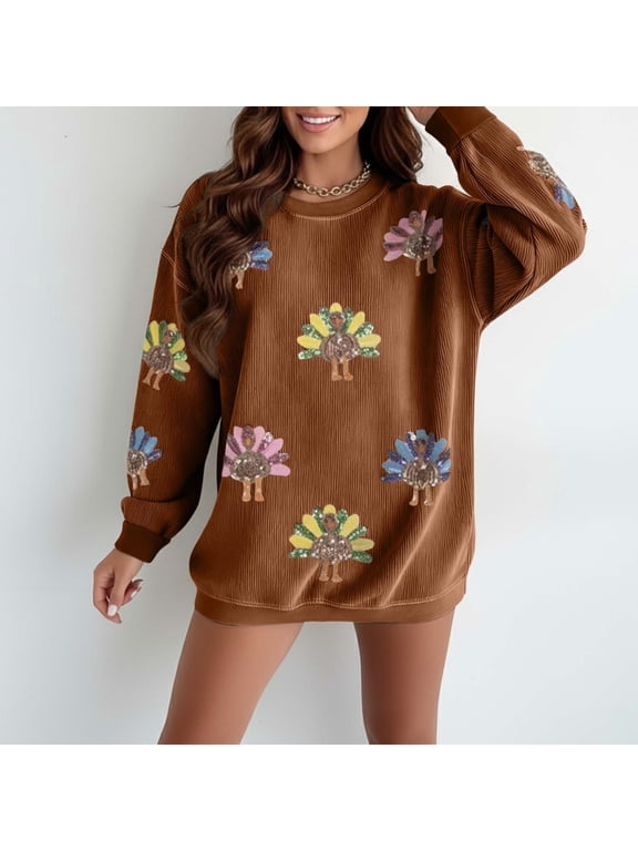 Women Crewneck Sweatshirt Sequin Turkey Print Long Sleeve Loose Fit Thanksgiving Festival Casual Pullover Tops Trendy Dailywear