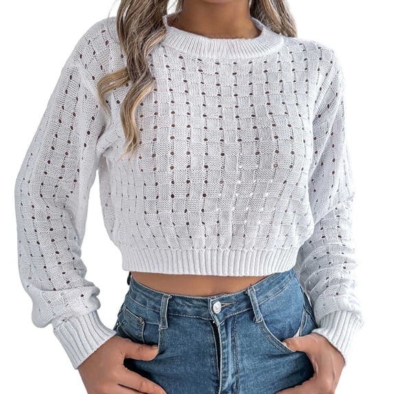 HAYIMI Women Crochet Knit Crop Sweater Long Puff Sleeve Crew Neck Hollow Out Knitted Pullover Top for Daily Casual Wear